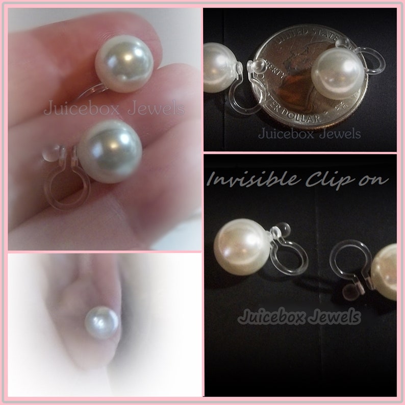 May include: Pair of white pearl clip-on earrings with clear plastic clips. The earrings are shown on a black background and on a person's ear. The text "Invisible Clip on" is visible in the image.