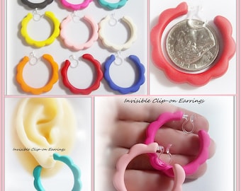 Invisible CLIP ON 1-1/2" Colorful Matte Open Hoop Earrings, Lightweight, 1 Pair, Plastic Clips, Choose from 9 Fun colors  #C31