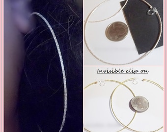 Invisible Clip On, 3-1/4 inch HOOP, Silver Tone or Gold Tone,Thin,Textured Large, XL,Non-Pierced, Made to Order, Illusion Fashion Earrings