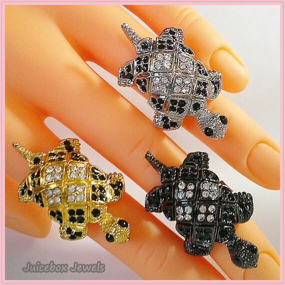 Vintage Turtle Rhinestone Adjustable Statement Ri… - image 3