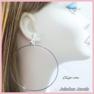 CLIP ON 3&quot; Black Thin Textured Large Big Hoop Fashion Non-Pierced Earrings B238