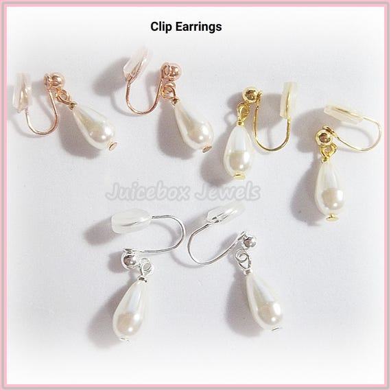 Clip-on White Faux Pearls Teardrop Dangle, Spiral Coil, Silicone Comfort Pad,Non-Pierced Earrings, Colors: Gold, Silver & Rose Gold 1 Pr F7
