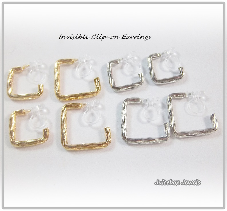 May include: A set of six invisible clip-on earrings. Three are gold and three are silver. Each earring is a square shape with a twisted wire design.