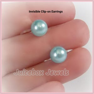 Invisible Clip-on 8mm Light Blue Faux Pearls, Round Stud, Non-Pierced Earrings, No Metal, Plastic Clip, hypo-allergenic Y23