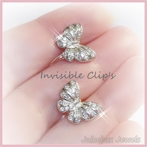 Invisible Clip-on Butterfly CZ Cubic Zirconia Micro Pave 13mm Silver Tone Plated Plastic Clip On Stud Non-Pierced Earrings  Y651