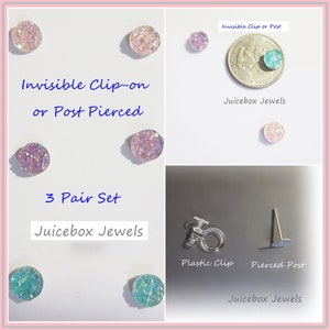 3 Pair Set, Invisible Clip or Post Faux Druzy, 8mm Round Pink, Lavender & Teal Stud Non Pierced /Pierced Sparkle Earrings, Women/Girls #M250