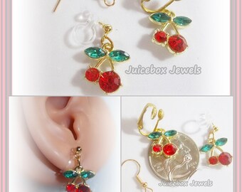 Invisible Clip On, Red Cherry Rhinestone Earrings, Gold Tone