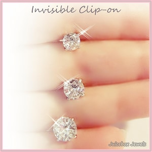 Invisible Clip-on Cubic Zirconia CZ 4-Prong Choose 6mm,7mm or 8mm, Silver Tone Illusion Plastic/Resin Stud Non-Pierced Earrings,1 PAIR  Y671
