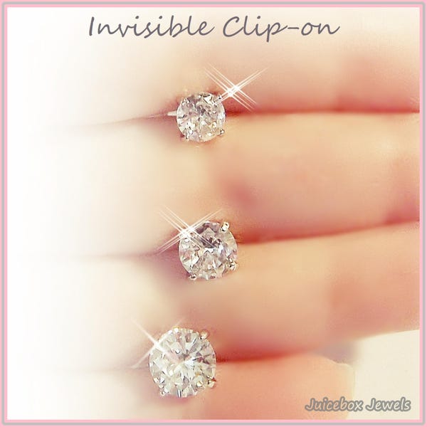 Invisible Clip-on Cubic Zirconia CZ 4-Prong Choose 6mm,7mm or 8mm, Silver Tone Illusion Plastic/Resin Stud Non-Pierced Earrings,1 PAIR  Y671