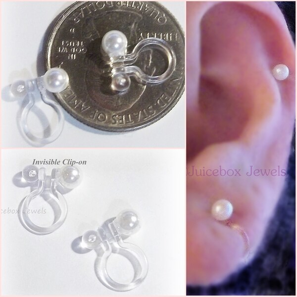 Invisible 4mm Creamy White Shell Pearls, Round Clip On Stud, Non-Pierced Earrings, Hypoallergenic, Handmade Y170