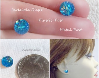 Clip or Post, 8mm Blue Mermaid Dragon Scales Stud Round Non-Pierced or Pierced Earrings, Women or Girls #M220