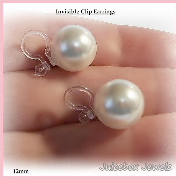 Invisible 12mm Faux White Pearls, Round Clip On Stud, Illusion Non-Pierced Earrings, Plastic Hypoallergenic clip ,1 Pair  Y44