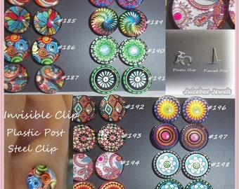 Invisible Clip-on or Pierced Post 12mm Glass Dome Button Stud, 1 Pair Earrings, Steel or Plastic Post available