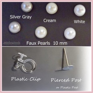 May include: Six faux pearl earring options in silver gray, cream, and white. The pearls are 10 mm in diameter. The earrings are available in two styles: plastic clip and pierced post.