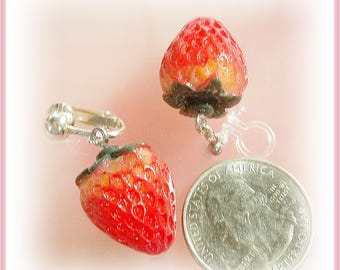 Invisible Clip On, Red 3D Strawberry Earrings, Non-Pierced Plastic Clip or Metal Clip or Pierced, Fruit, Food, Fun Realistic, 1 Pair  Y712