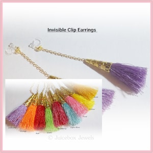 Invisible Illusion Clip On, 3-1/4 inch Tassel Dangle,Non-Pierced Handmade Gold Tone Long Chain Earrings, 1 Pair, Choose Color