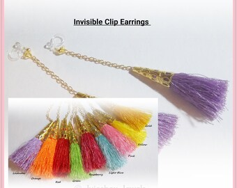 Invisible Illusion Clip On, 3-1/4 inch Tassel Dangle,Non-Pierced Handmade Gold Tone Long Chain Earrings, 1 Pair, Choose Color