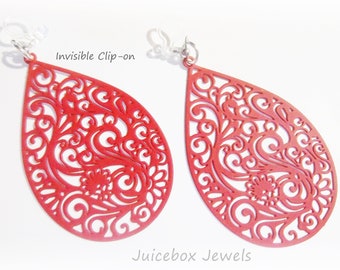 Invisible Clip On, 2" Red Matte Filigree Teardrop Dangle, Non-Pierced Plastic Clip Ultra-Thin Lightweight Boho Trendy Earrings Y604