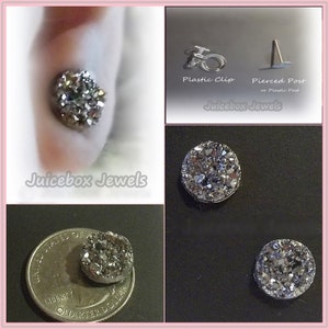 Invisible Clip or Post, 12mm Faux Hematite Druzy Stud, Non-Pierced Plastic Clip, Sparkle Unisex Earrings, #206