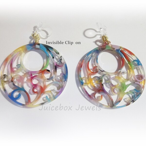 Invisible Clip On, 1-1/2" Multi-Color Swirl Resin Acetate Small Hoop Go-Go Earrings ,Non-Pierced, Trendy Boho Cut out Y540