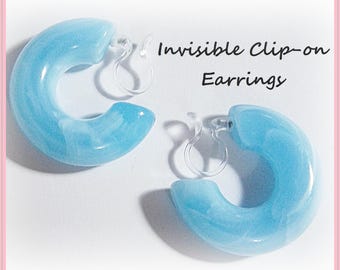 Invisible Clip-On, SKY BLUE 1 inch Open Hoop, , Wide Thick Bulky Non-Pierced Plastic Clip Resin Earrings, C49