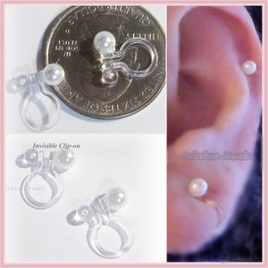 Invisible 4mm Creamy White Shell Pearls, Round Clip On Stud, Non-Pierced Earrings, Hypoallergenic, Handmade Y170