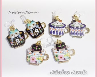 Invisible Clip On, Teacup Kitty Cat Earrings, Gold Tone Non-Pierced Plastic Clip Fashion Fun Enamel Earrings