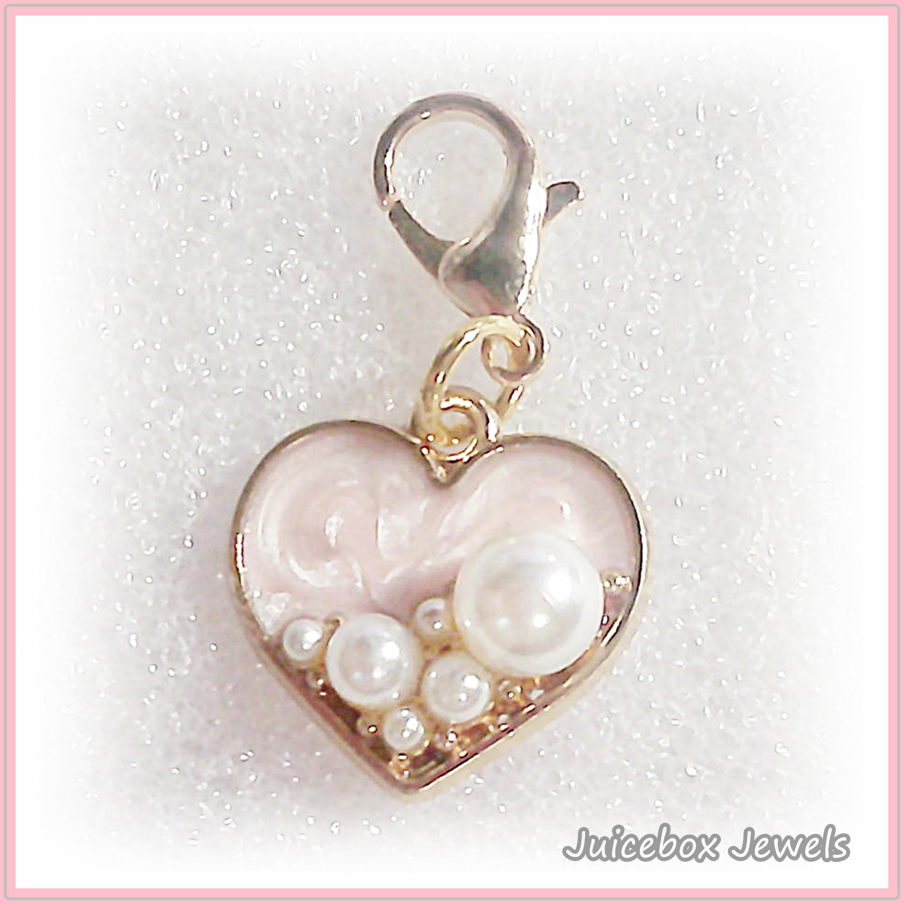 Clip-on Charm, Heart, White Faux Pearl Pink Enamel Lobster Clasp