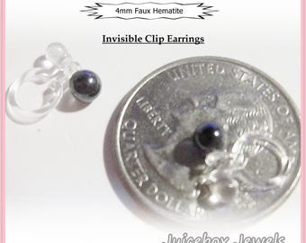 Invisible 4mm Faux Hematite,1 Pair Dark Gray Round Clip On Stud, Non-Pierced Earrings, Hypoallergenic, Plastic Resin Clip made to Order Y585