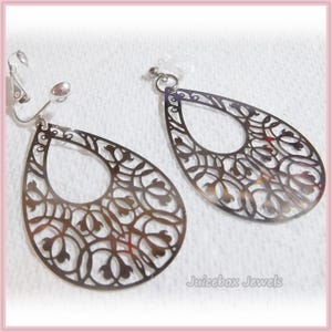 Invisible Clip On, 1-3/4&quot; Filigree Teardrop Dangle, Silver Tone Non-Pierced Plastic Clip Ultra-Thin Lightweight Earrings Y447