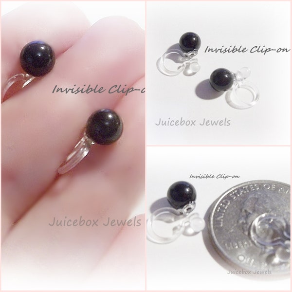 Invisible Clip-on 6mm Natural Black Agate, Round Stud, Non-Pierced Earrings, Hypoallergenic, Handmade to Order Y584