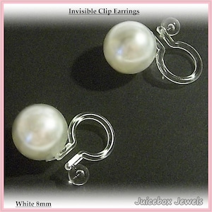 Invisible Clip-on 8mm White Faux Pearls, Round Stud, Non-Pierced Earrings, No Metal, Plastic Clip, hypoallergenic, Bridal Wedding Y187