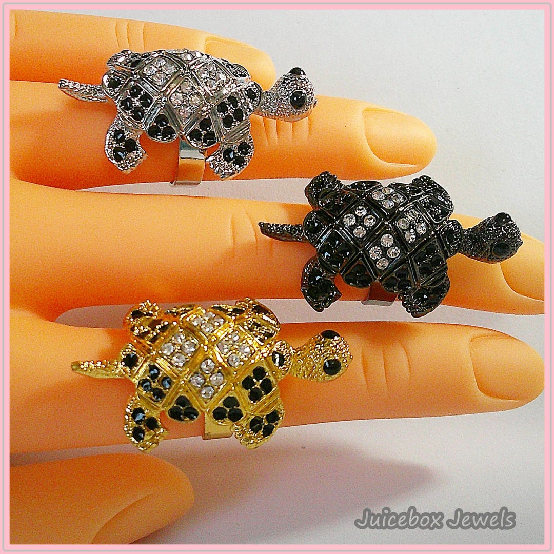 Vintage Turtle Rhinestone Adjustable Statement Ring W56 - Etsy