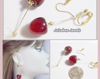 Red 3D Cherry Resin Earrings, Clip Non-Pierced or Pierced, Fruit, Food, Fun Realistic, 1 Pair  C60