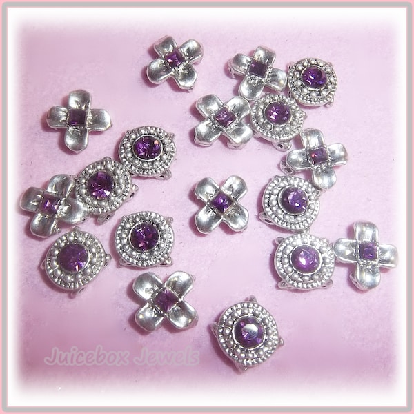 18 PCS Purple Austrian Crystal XOX Hugs/Kisses 2 Hole Slider Ornate Spacer Beads, Antiqued Silver Plated, Loose Beads, Jewelry Findings Y90