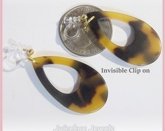 Invisible Clip On, 1-1/2" Tortoise Shell Resin Acetate Small Teardrop Earrings ,Non-Pierced, Trendy, Made to Order Y532