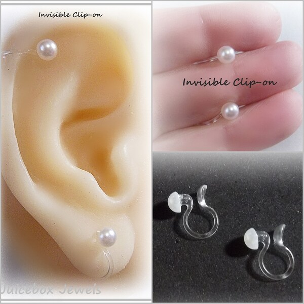 Invisible Plastic Clip-on 4mm White Faux Pearls, Half-Round Clip On Stud, Non-Pierced Tiny Earrings, Hypoallergenic, No Metal, Y707