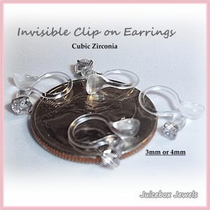 Invisible Clip-on 3mm or 4mm Cubic Zirconia, Teeny Tiny , 1 Pair,  CZ 4-Prong, Stainless Steel, Plastic Stud Non-Pierced Earrings  Y34