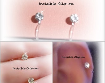 Invisible Clip-on 4mm Clear Glass Faceted Rhinestone Round Stud Earrings, Non-Pierced, No Metal Hypoallergenic, Handmade Y211