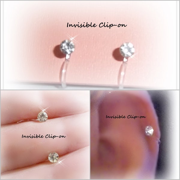 Invisible Clip-on 4mm Clear Glass Faceted Rhinestone Round Stud Earrings, Non-Pierced, No Metal Hypoallergenic, Handmade Y211