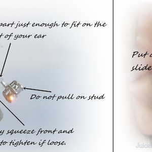 May include: Instructions on how to wear a clear plastic earring back with a silver stud. The earring back has a small, clear plastic piece that can be spread open to fit on the thinnest part of the ear. The stud is placed in the ear, then the back is slid down to secure it. The text "Do not pull on stud" is written on the image.