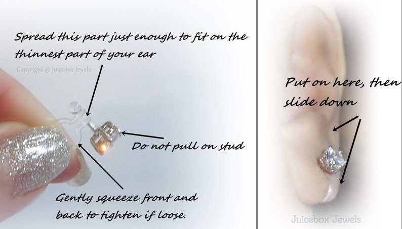 May include: Instructions on how to wear a clear plastic earring back with a silver stud. The earring back has a small, clear plastic piece that can be spread open to fit on the thinnest part of the ear. The stud is placed in the ear, then the back is slid down to secure it. The text "Do not pull on stud" is written on the image.