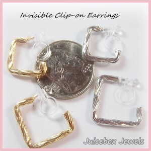 Invisible Clip-On, Square Small Hoop Earrings, Gold or Silver Tone Non-Pierced Plastic Clip, Open Hoop, 1 Pair  #C27