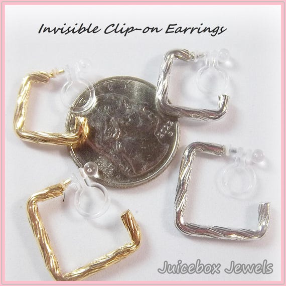 Invisible Clip-On, Square Small Hoop Earrings, Gold or Silver Tone Non-Pierced Plastic Clip, Open Hoop, 1 Pair  #C27