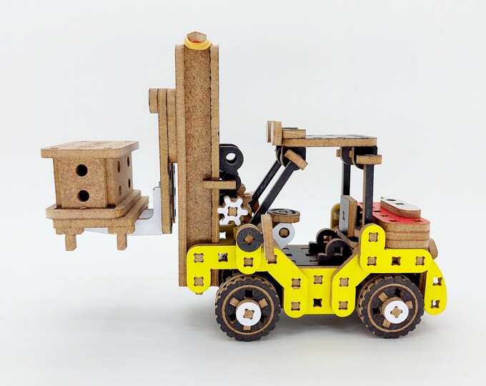 Featured listing image: Forklift, mechanical handle to lift the box, pallet and box, gift for teenagers, great gift for a friend, wooden construction set