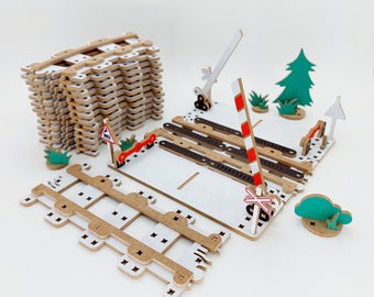 Train rails x2 x12, barrier and road, trees and plants, full circle, additional set for the train, wooden construction set, MDF sheet