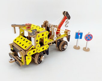Tow Truck, wheel rotation axis, construction set, gift for dad, Rope and hook for loading cars, opening hood, wooden constructor, gifts kit