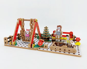Park, Fun park with swing, A mother and her children are having fun in the park, small sandbox, construction set for kids, wooden constructo