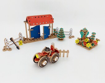 Farm, small tractor, doors and entrance to the courtyard, shovel and plant, constructor Funny Farm, wooden toy gift for kids, toy set