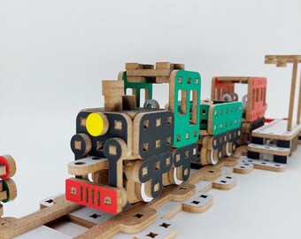 Train, with their wagons, landing station, straight rails, old coal train, wooden constructor, set of small parts, sign no road, gift